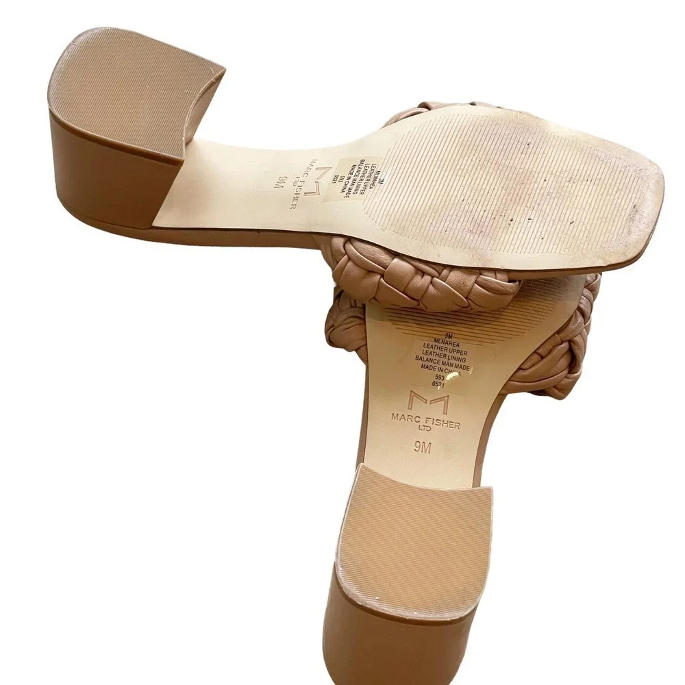 Marc Fisher Block Heel Woven Leather Sandal Cerita Shoes Pink Beige Size 9M